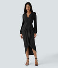 Robe de Soirée Mi-longue à Col V, Manches Longues, Plis et Ourlet Tulipe