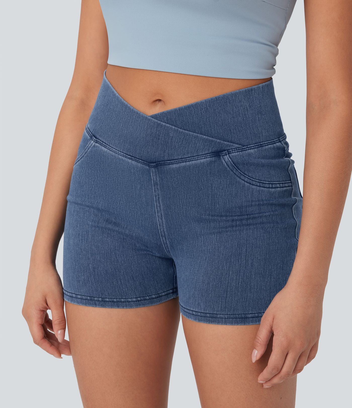 Halara Flex™  Shorts 7,5cm Denim Casual Taille Haute Poches Latérales Croisées en Maille Extensible