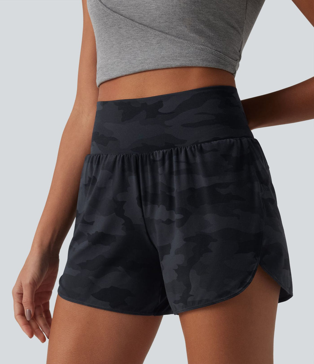 Short de running 2 en 1 Halara UltraSculpt™ gainant imprimé camouflage, taille haute, ourlet incurvé, 10 cm, avec poche