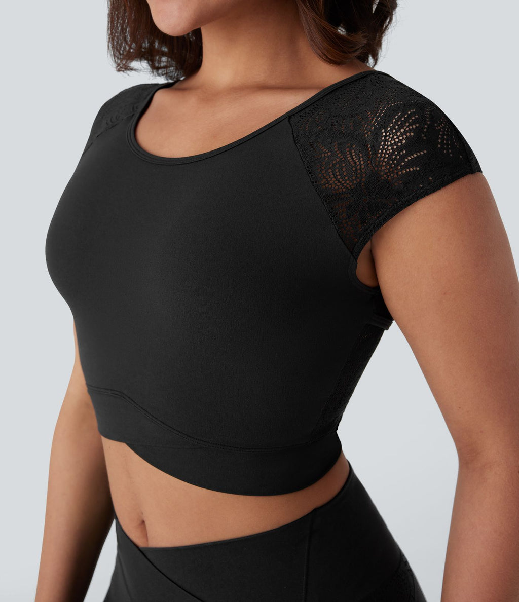 Softlyzero™ Haut de sport de yoga court dos nu avec dentelle contrastée et ourlet croisé-UPF50+