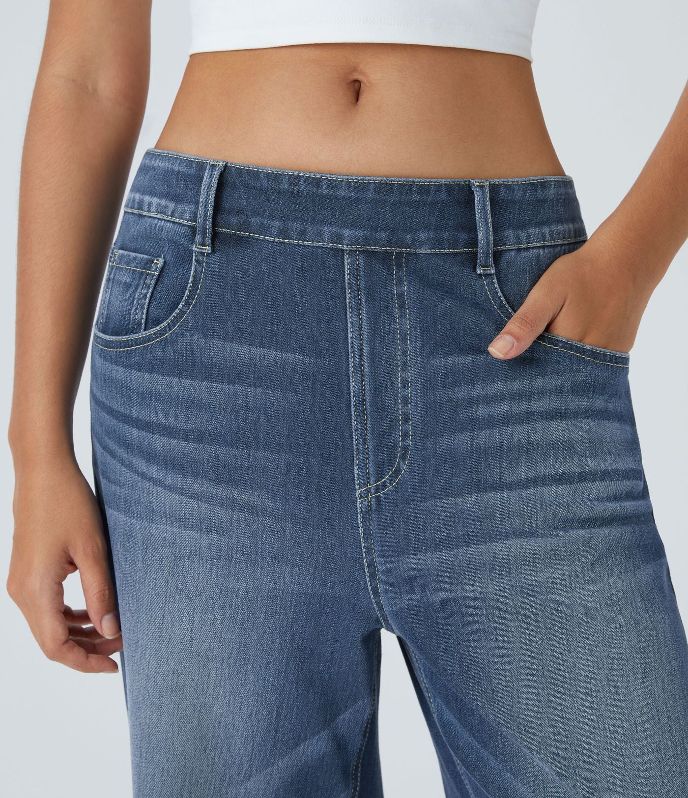 Jean Casual Halara Flex™ Taille Mi-Haute à Jambes Larges Tricot Extensible Lavé avec Poches Multiples