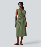 Robe midi évasée décontractée col V sans manches torsadée avec poches