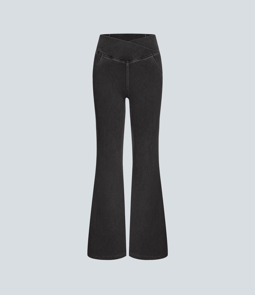 Halara Flex™ - Jean Ultra Evasé Tricot Extensible Lavé Poches Croisées Taille Haute