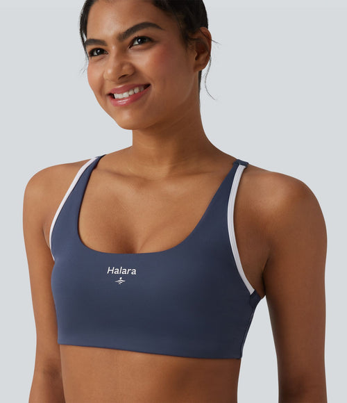 Brassière de sport yoga col U échancré color block imprimé lettrage avec brassière intégrée maintien léger