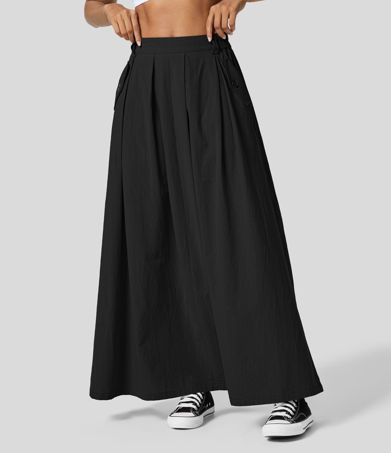 Jupe Casual Maxi Évasée à Taille Haute avec Plis et Poches Latérales Effet Lin