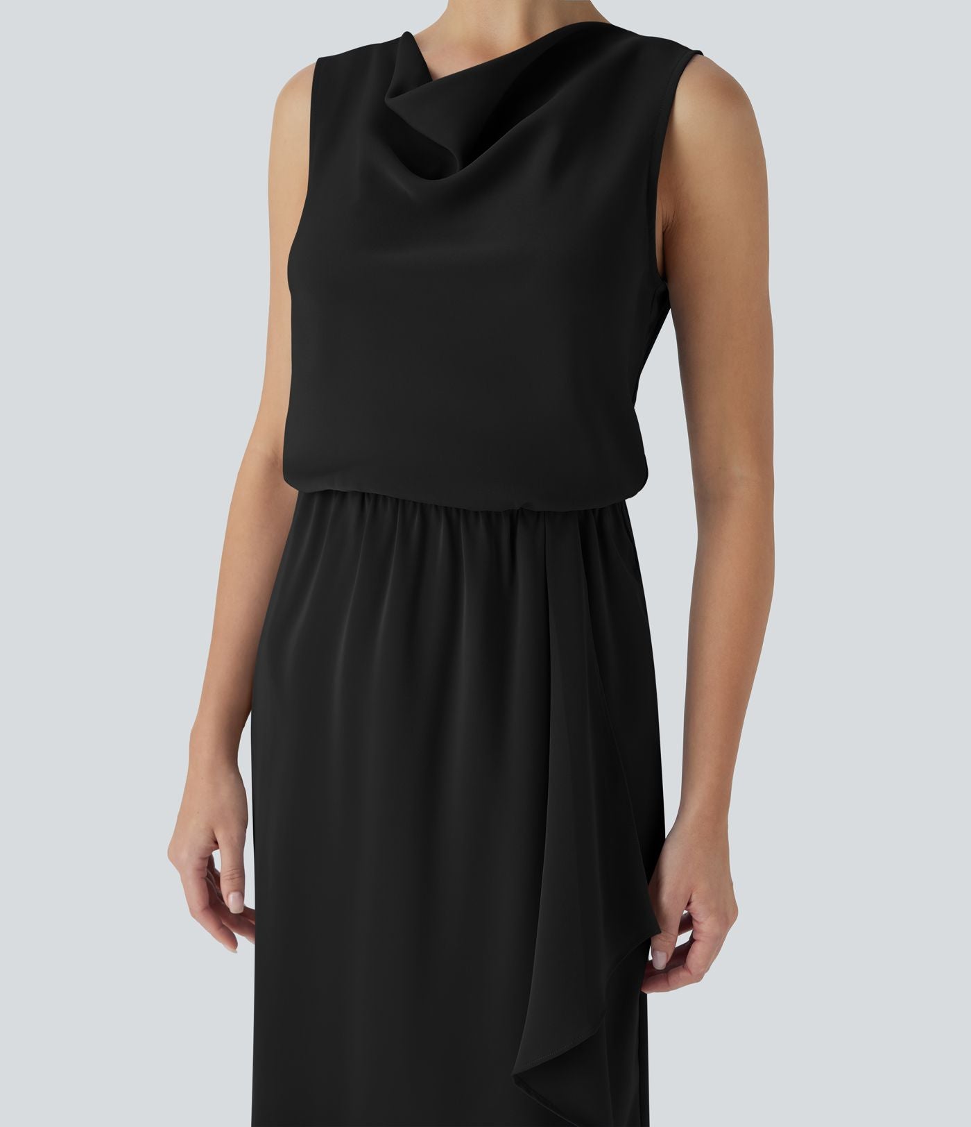 Robe midi de voyage défroissage facile, col bénitier, ourlet croisé et poches