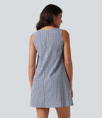 Robe débardeur mini décontractée col rond sans manches en vichy froissé avec poches