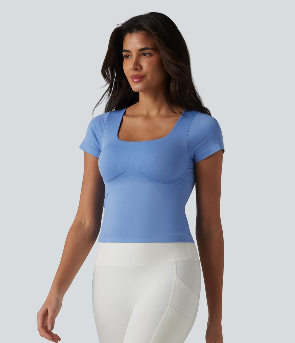 OneForm Haut de sport de yoga sans coutures col carré manches courtes soutien-gorge intégré