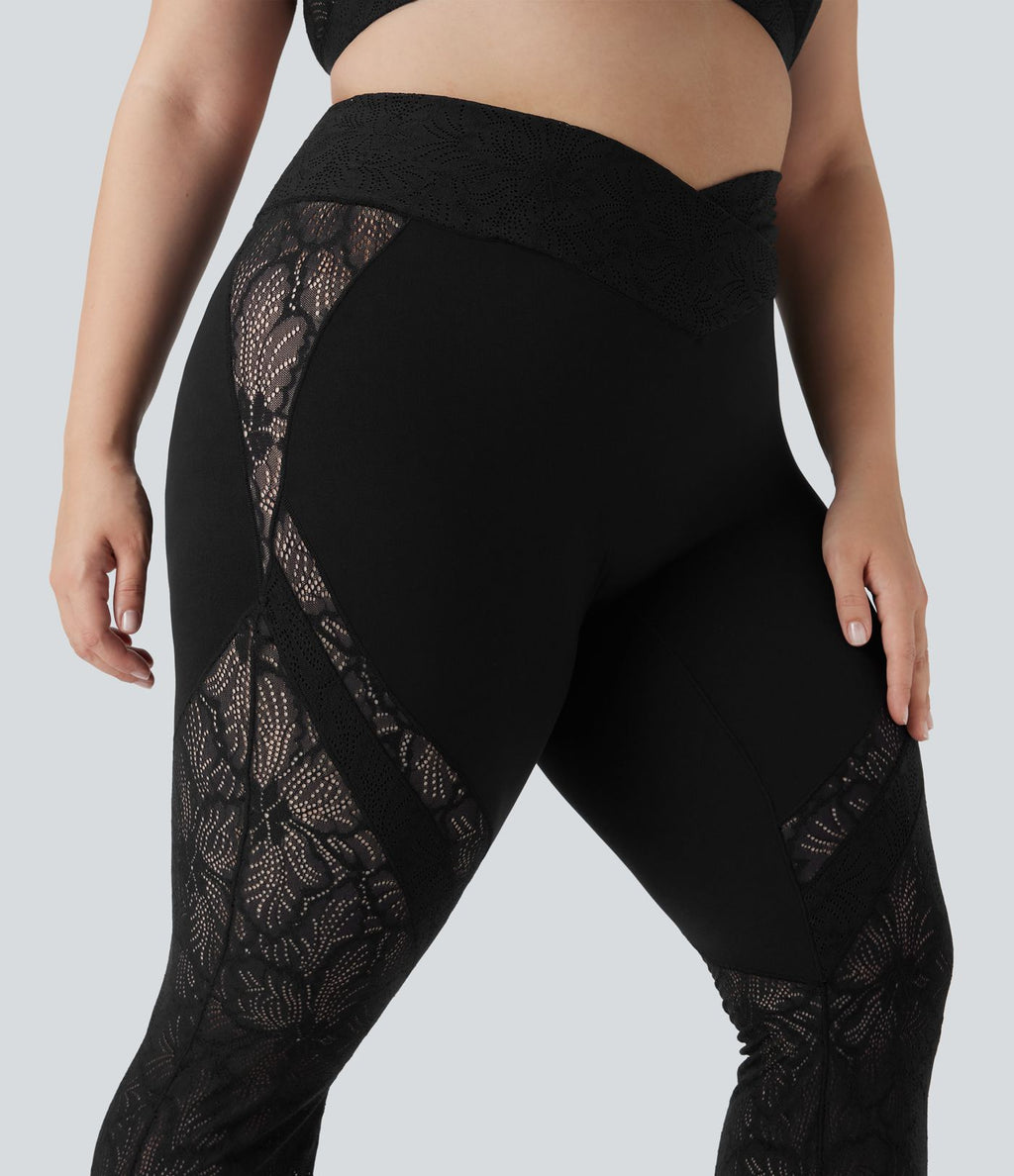 Pantalon de yoga évasé grande taille taille haute croisé dentelle contrastée Softlyzero™ avec poche