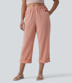 Pantalon casual court aspect lin coupe droite taille haute avec poches