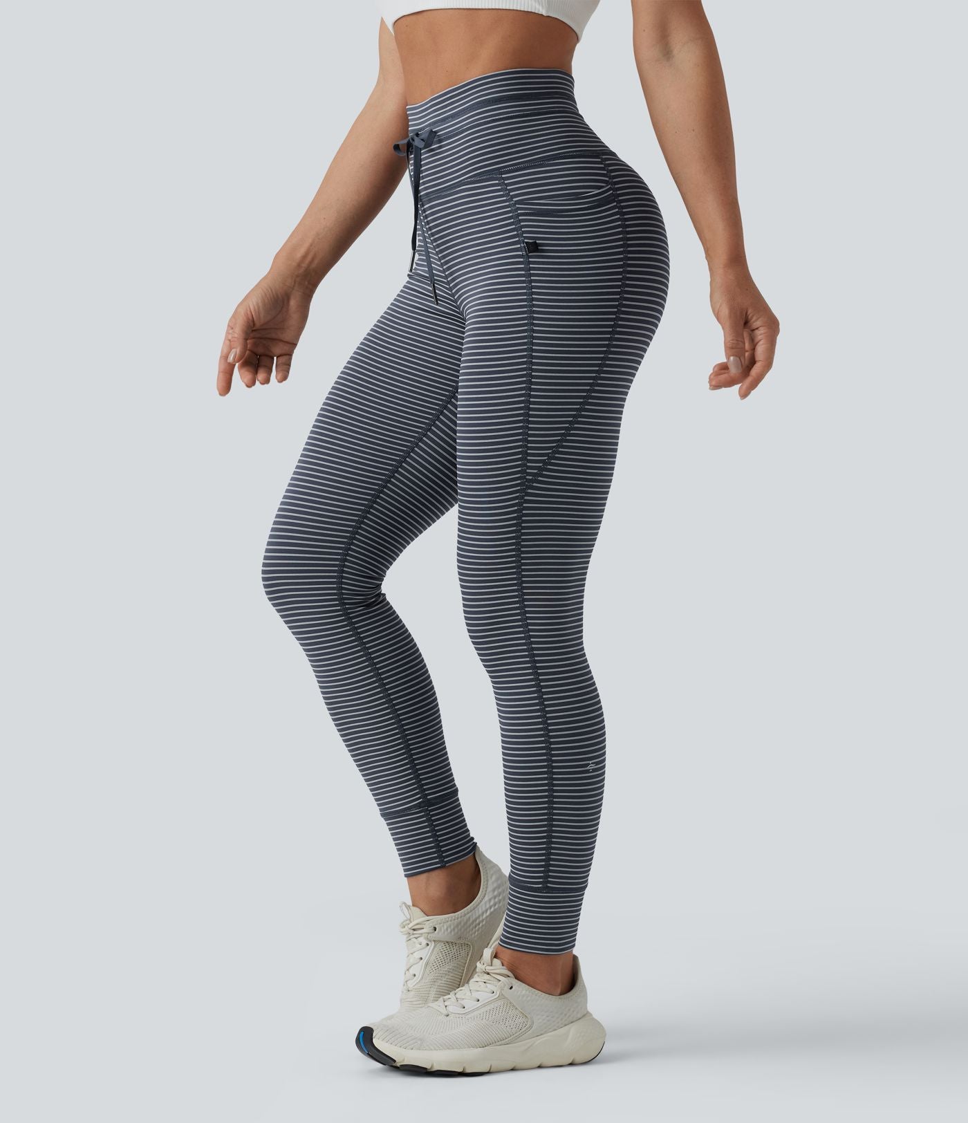 Legging de yoga rayé taille haute avec cordon de serrage et poches