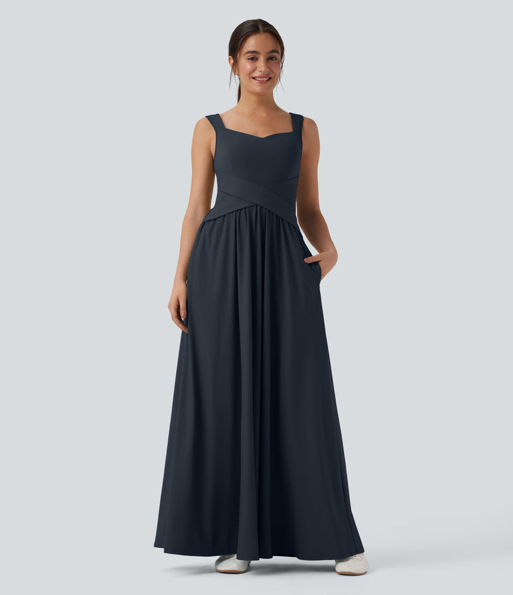 Robe maxi fluide dos nu, avec brassière intégrée et poches