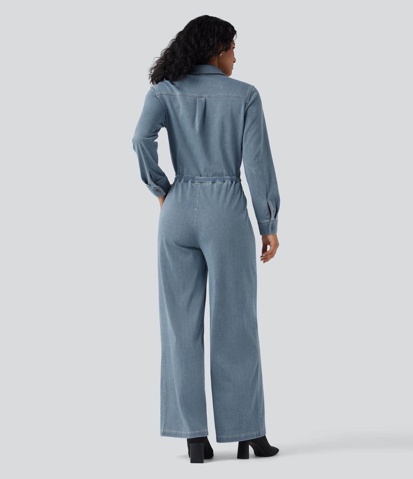 Combinaison denim délavé Halara Flex™ jambes larges manches longues avec cordon de serrage et poches - Édition Easy Peasy