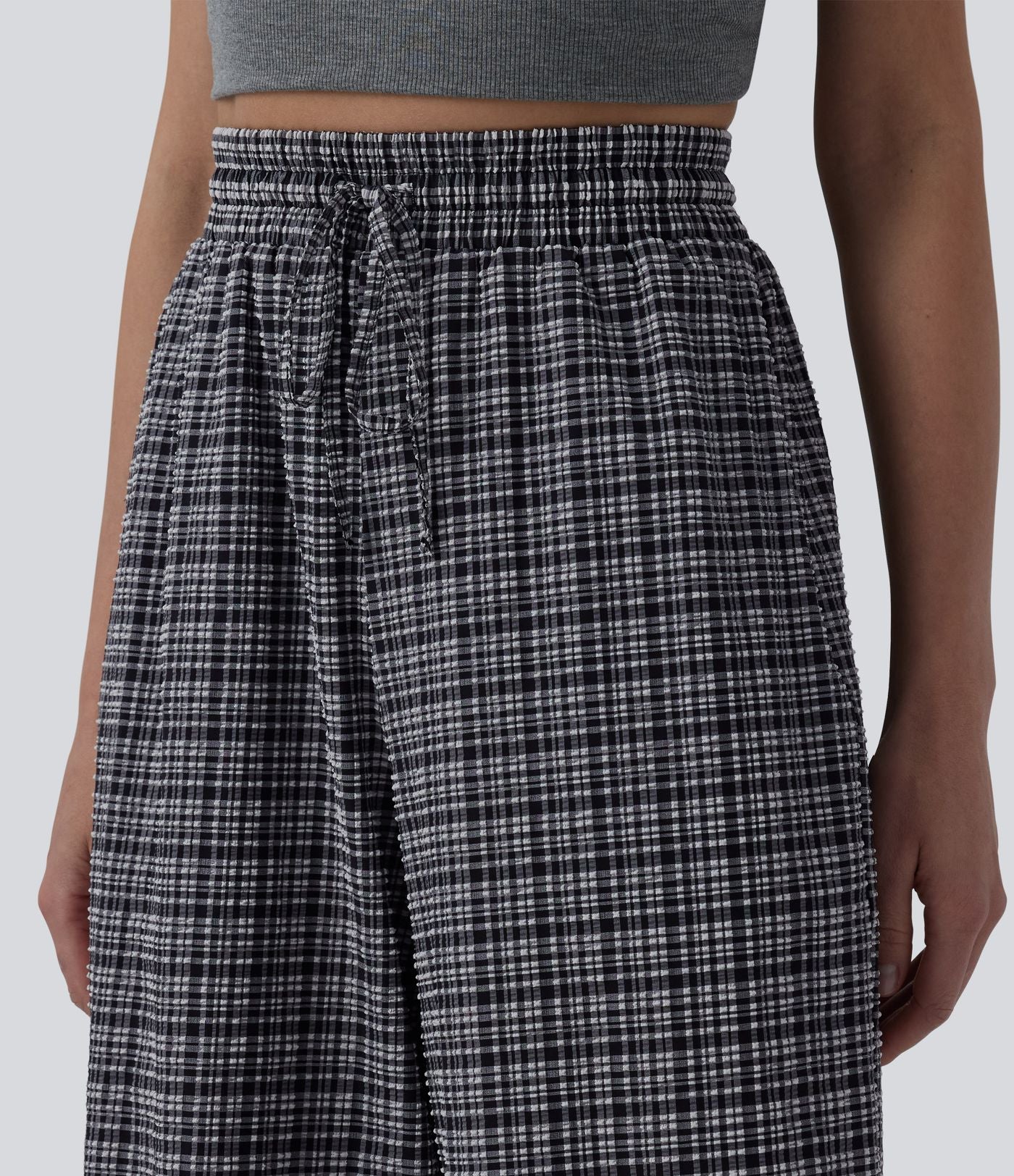 Pantalon large casual taille haute carreaux froissés à séchage rapide avec cordon de serrage et poches zippées