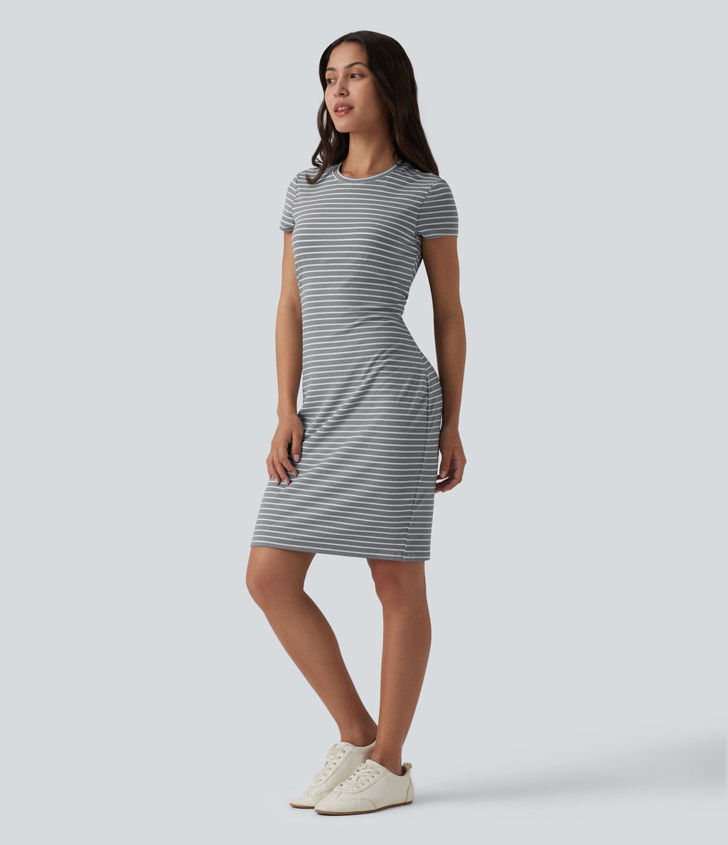 Robe courte moulante casual col rond manches courtes à rayures avec brassière intégrée