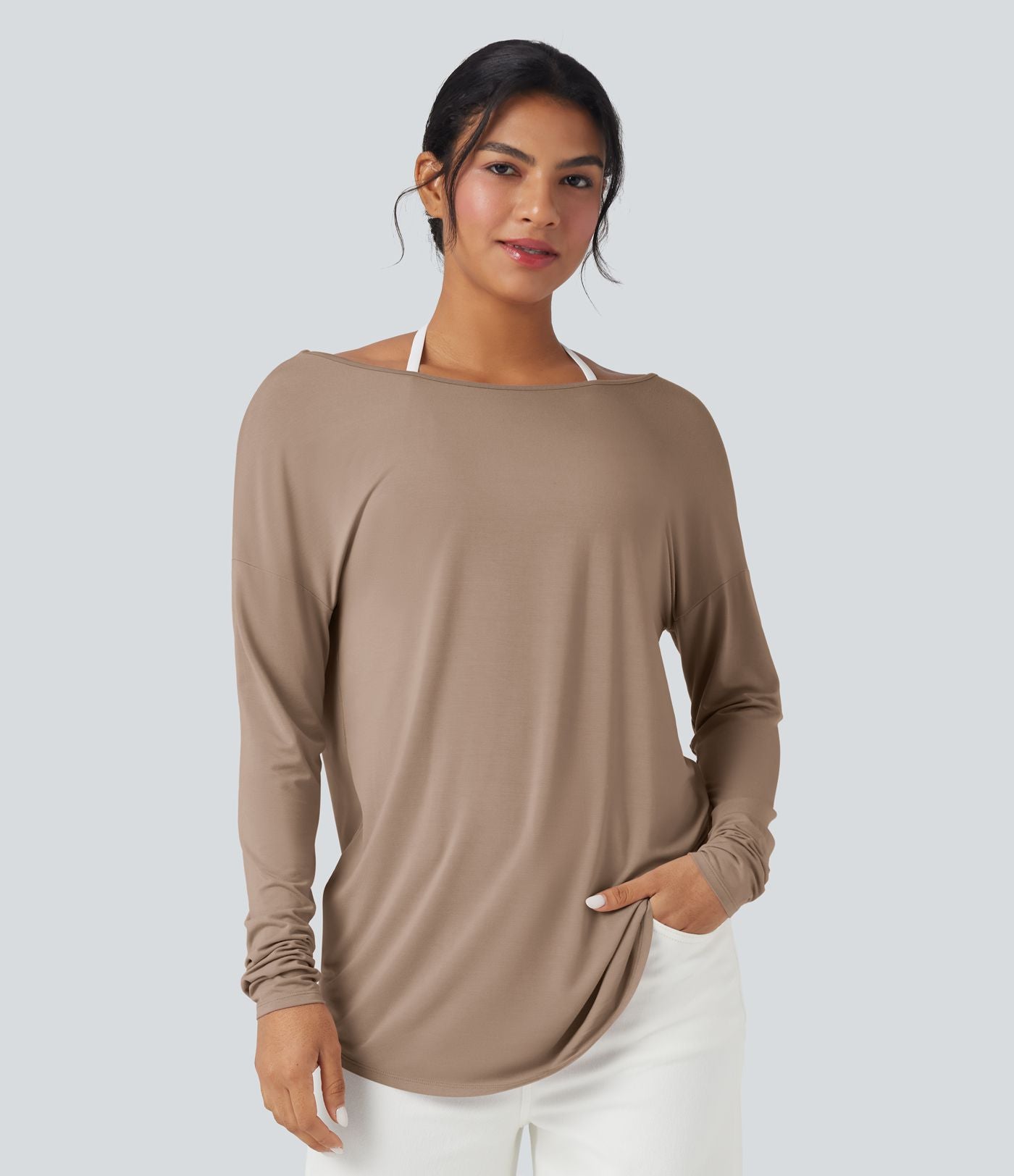 T-shirt décontracté col V profond manches longues à trous pouces coupe décontractée - Réversible devant et dos