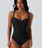 Maillot de bain une pièce gainant push-up col Queen Anne bretelles ajustables torsadé froncé