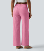 Pantalon taille haute coupe droite effet lin avec poches