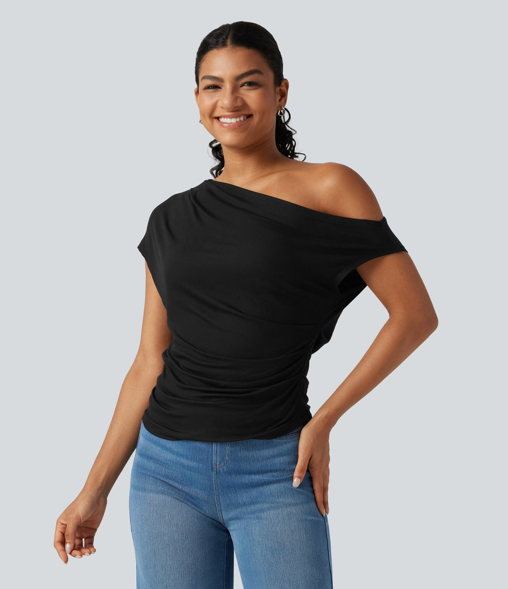 T-shirt côtelé asymétrique avec fronces et coussinets amovibles