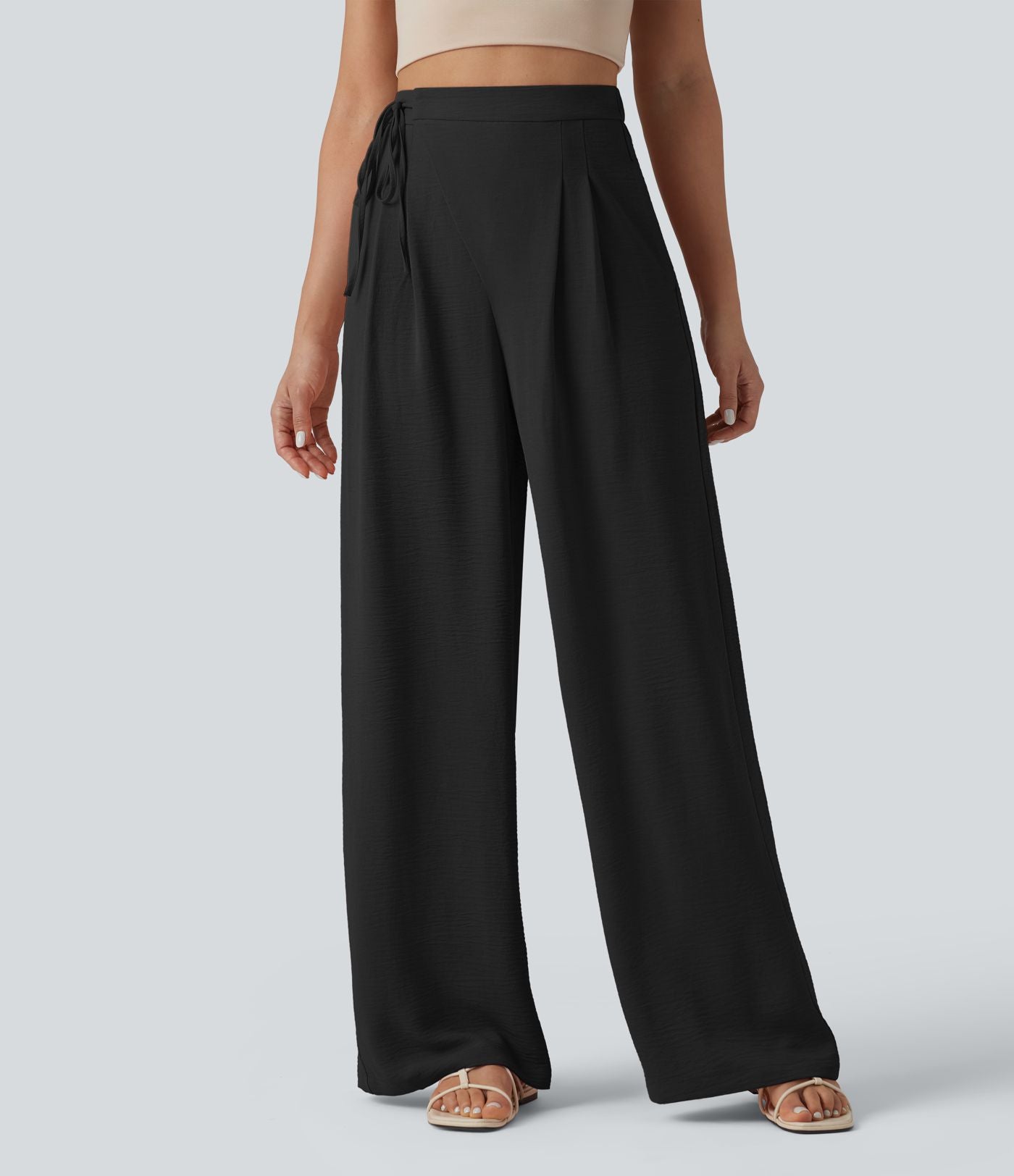 Pantalon détente  effet lin taille haute, cordon latéral avec poches