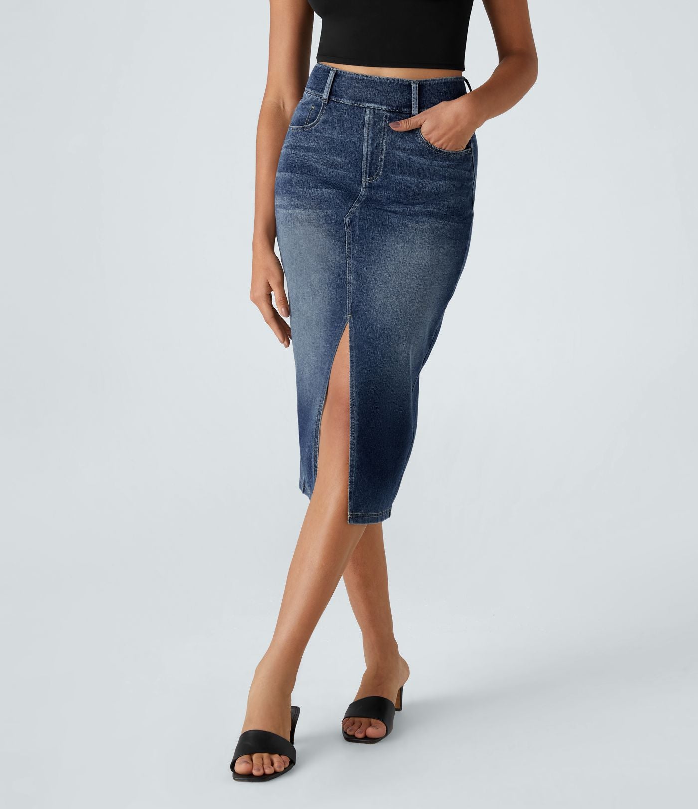 Halara Flex™ Jupe en Jean Casual Mi-Longue Délavé Extensible Plusieurs Poches Taille Haute