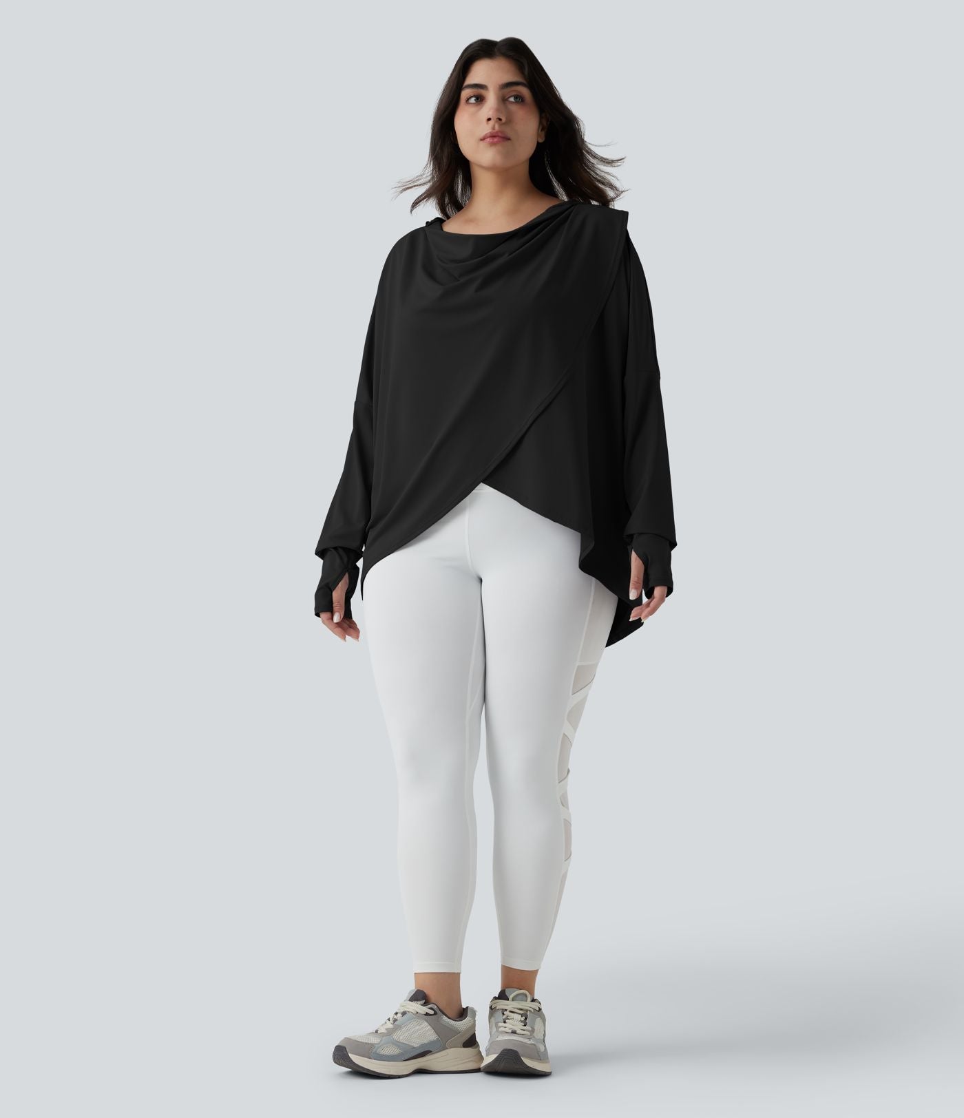 Top de sport yoga grande taille à capuche, col drapé, manches longues avec passants pouces et poches