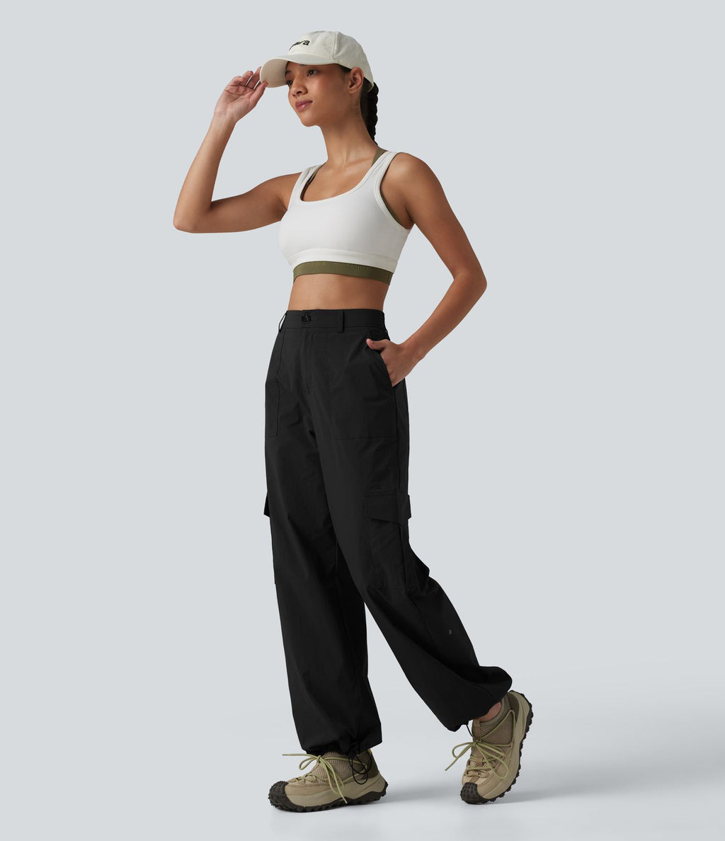 Pantalon cargo droit de randonnée taille haute avec poches