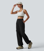 Pantalon cargo droit de randonnée taille haute avec poches