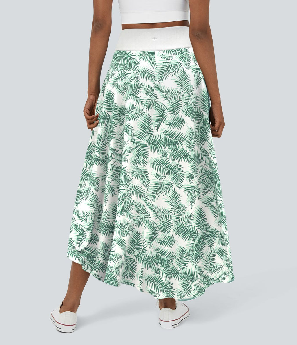 Jupe Maxi Casual Imprimé Floral 2 en 1 Taille Haute avec Volants Hauts et Bas
