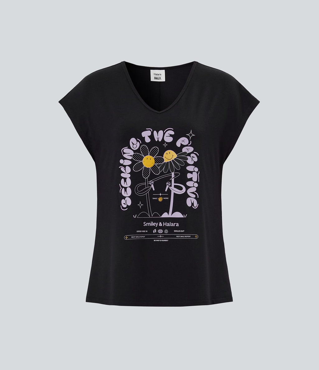 T-shirt casual Halara X Smiley® col V à manches courtes