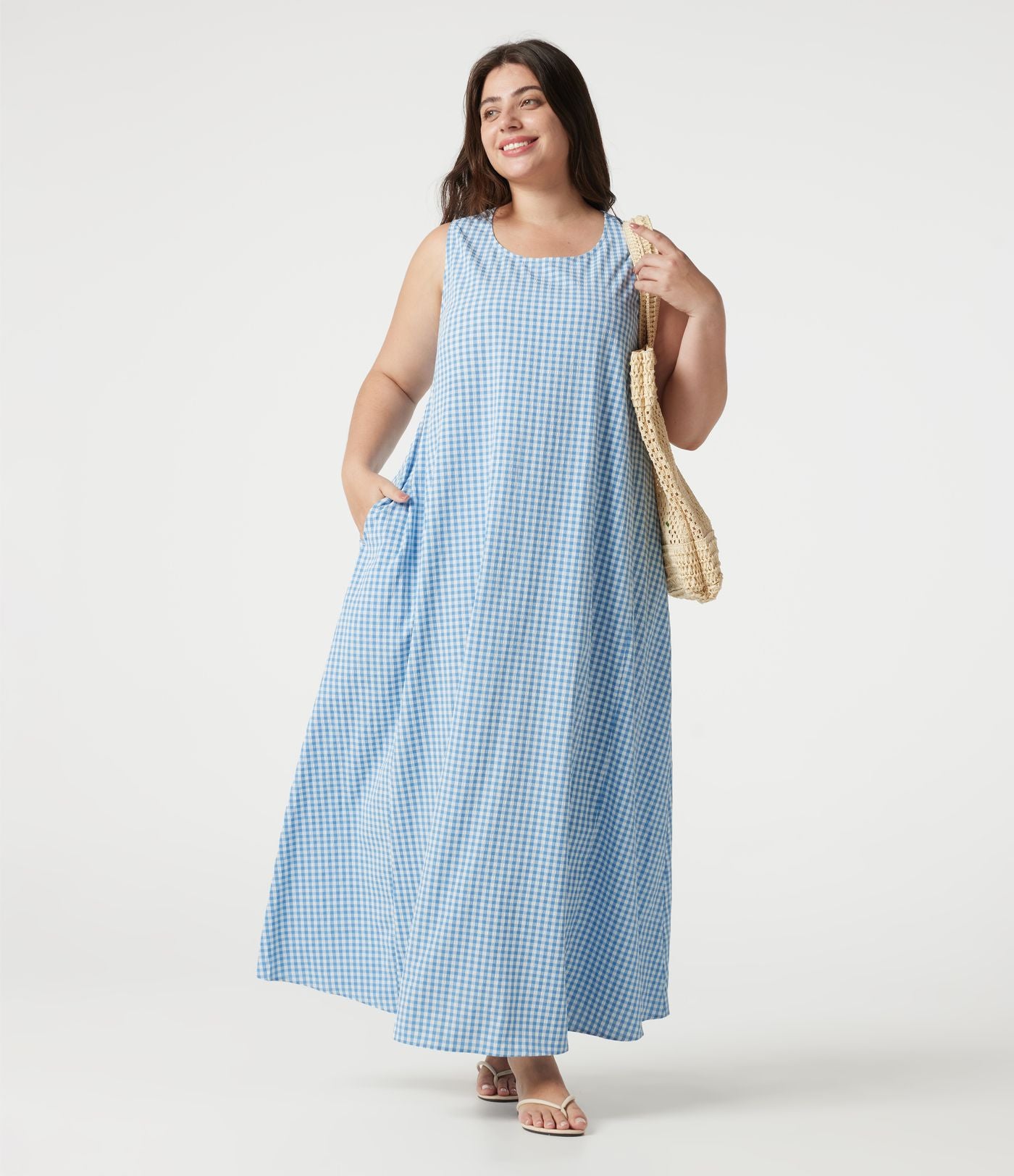 Robe débardeur midi sans manches col rond en vichy froissé grande taille à poches