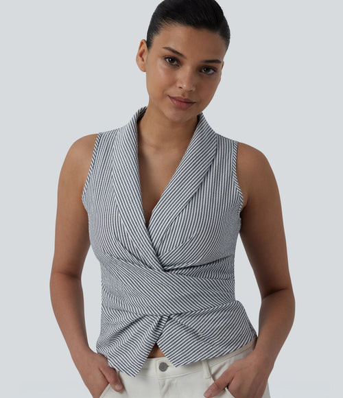 Chemise décontractée à rayures, col V, sans manches, dos noué