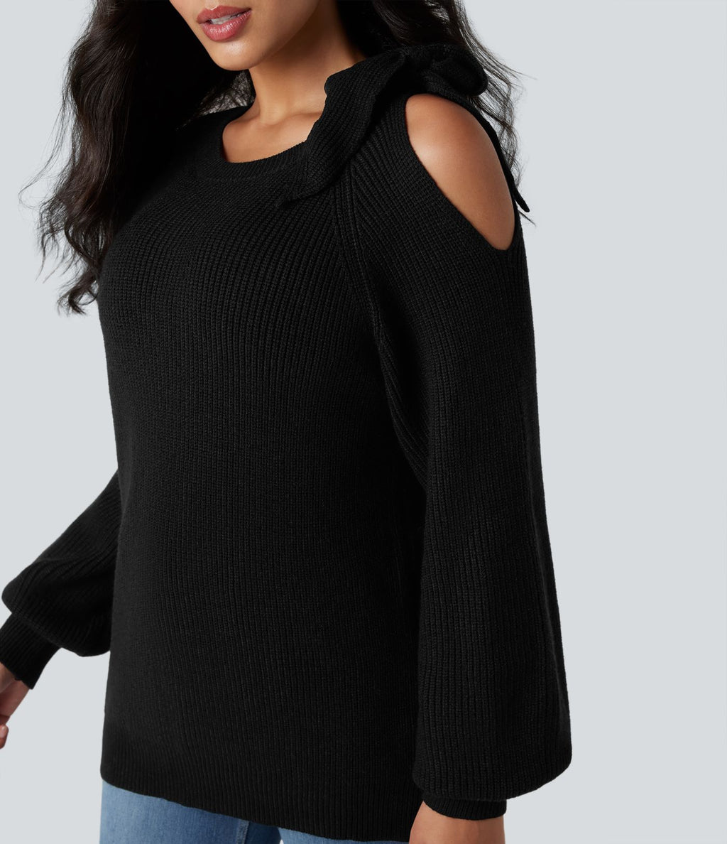 Top tricot col rond nœud latéral manches longues