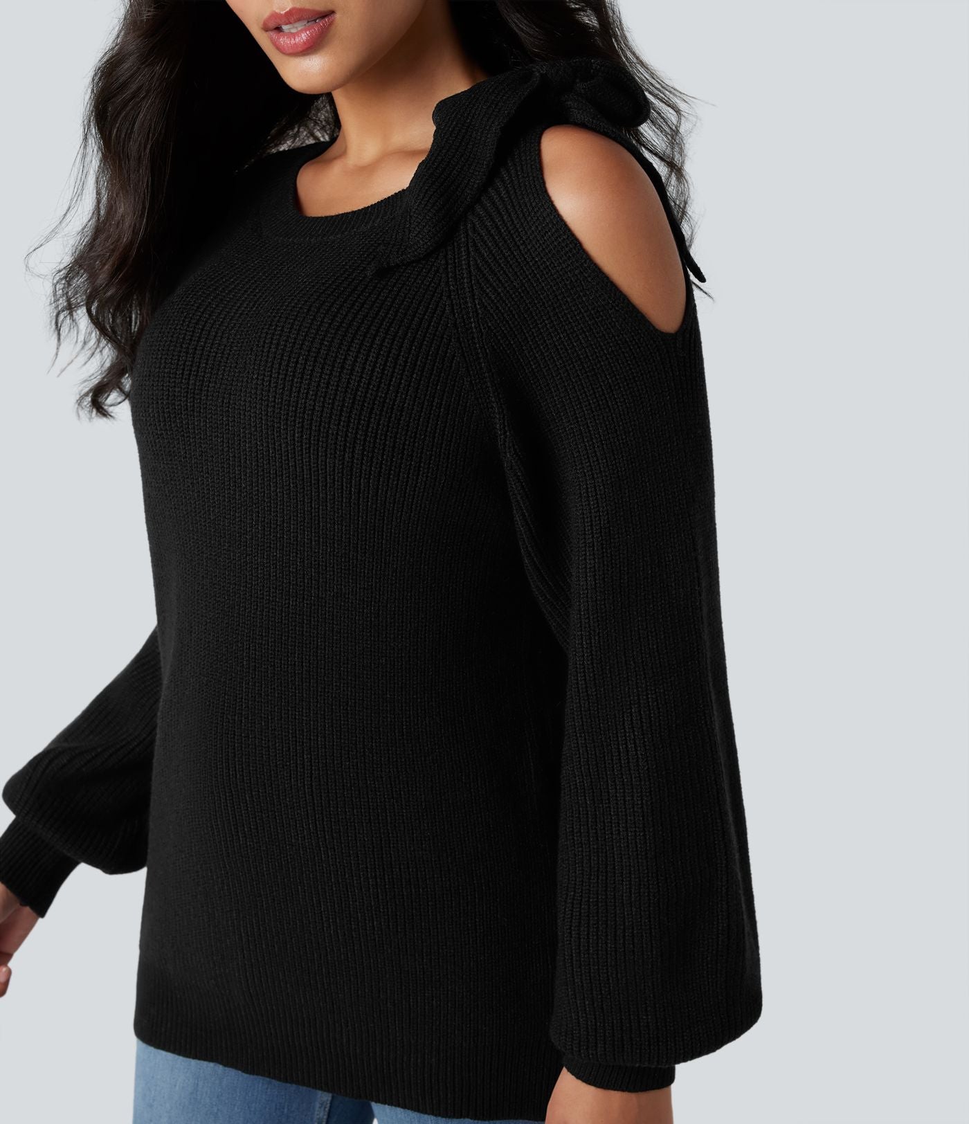 Top tricot col rond nœud latéral manches longues