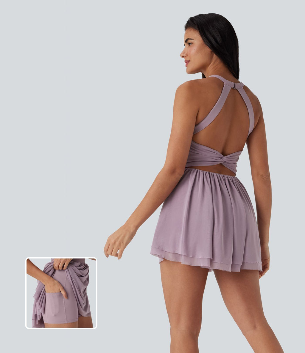 Robe de danse courte 2-en-1 dos nu torsadée résille avec poche latérale