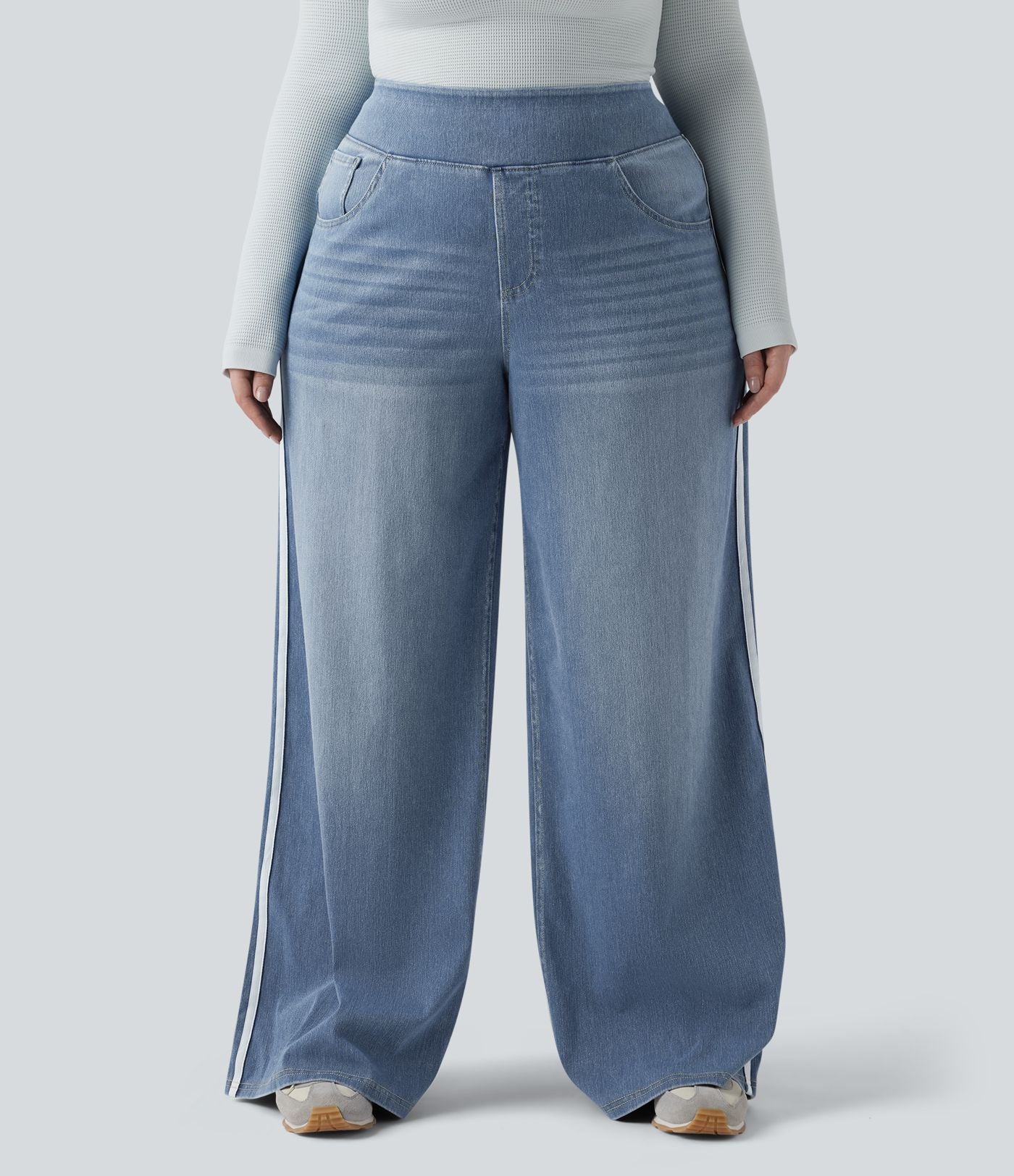 Halara Flex™ Jean large fluide taille haute à rayures délavé décontracté grande taille avec poches