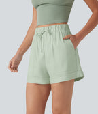 Short ample décontracté taille haute en coton et lin, cordon de serrage, ourlet retroussé et poches