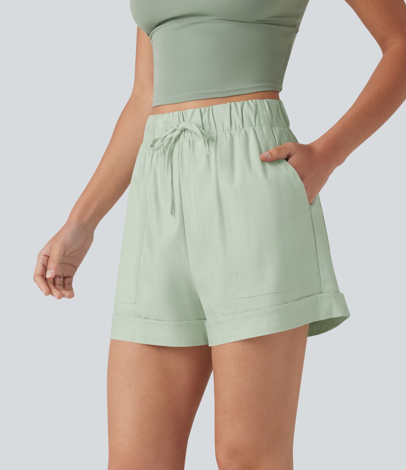 Short ample décontracté taille haute en coton et lin, cordon de serrage, ourlet retroussé et poches