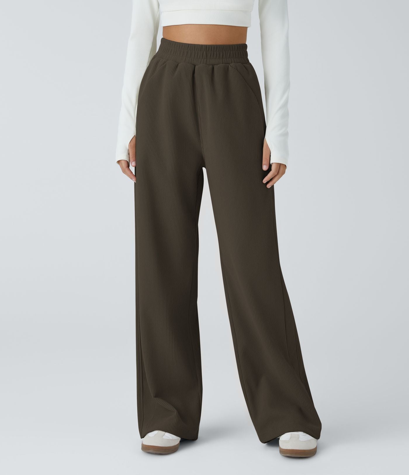 Pantalon velours côtelé de jogging décontracté à taille haute avec poches latérales