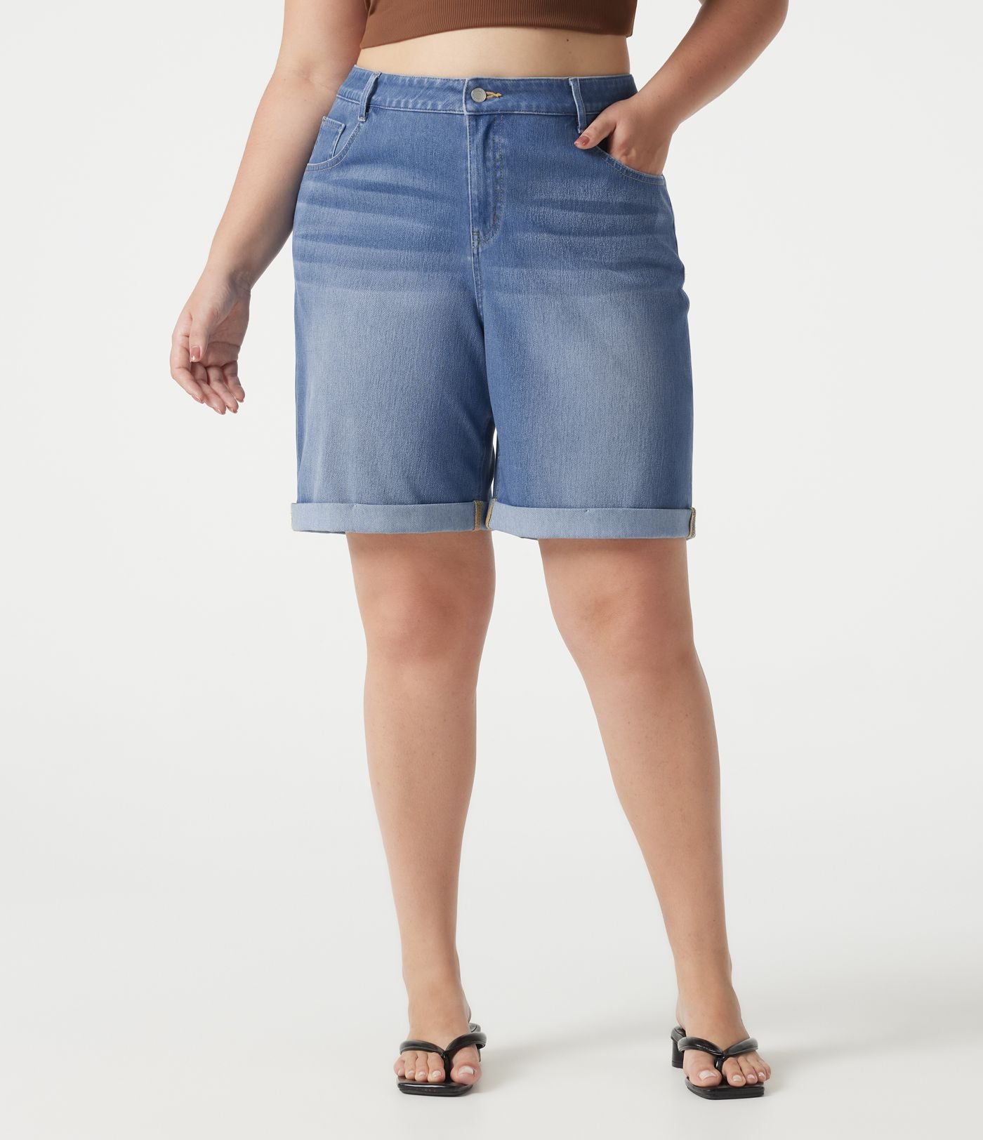 Short bermuda casual denim grande taille Halara Flex™ tricot extensible délavé taille haute multiples poches ourlet roulotté