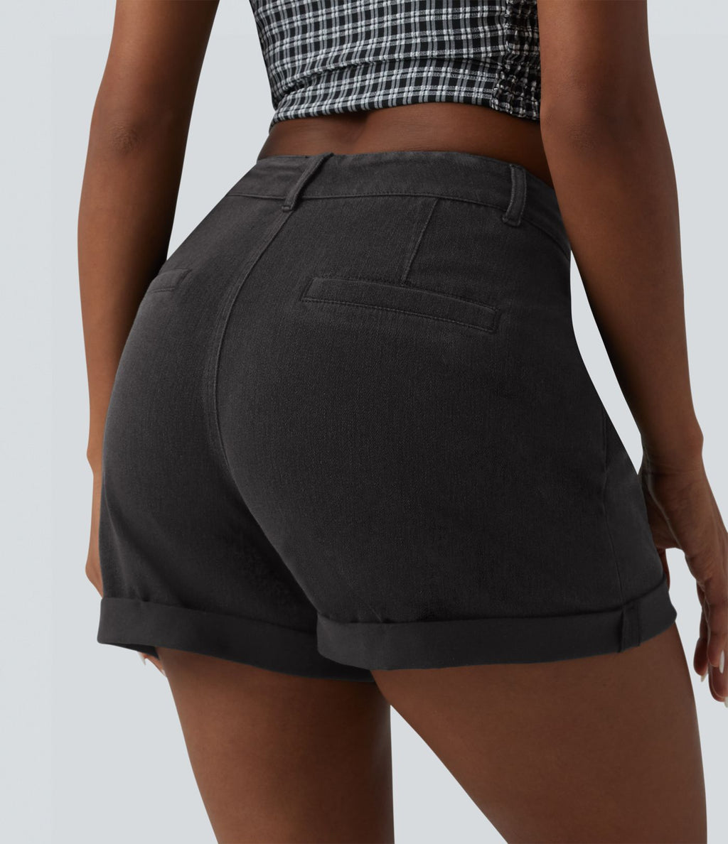 Halara Flex™ Short casual en denim taille mi-haute à ourlet retroussé avec poches