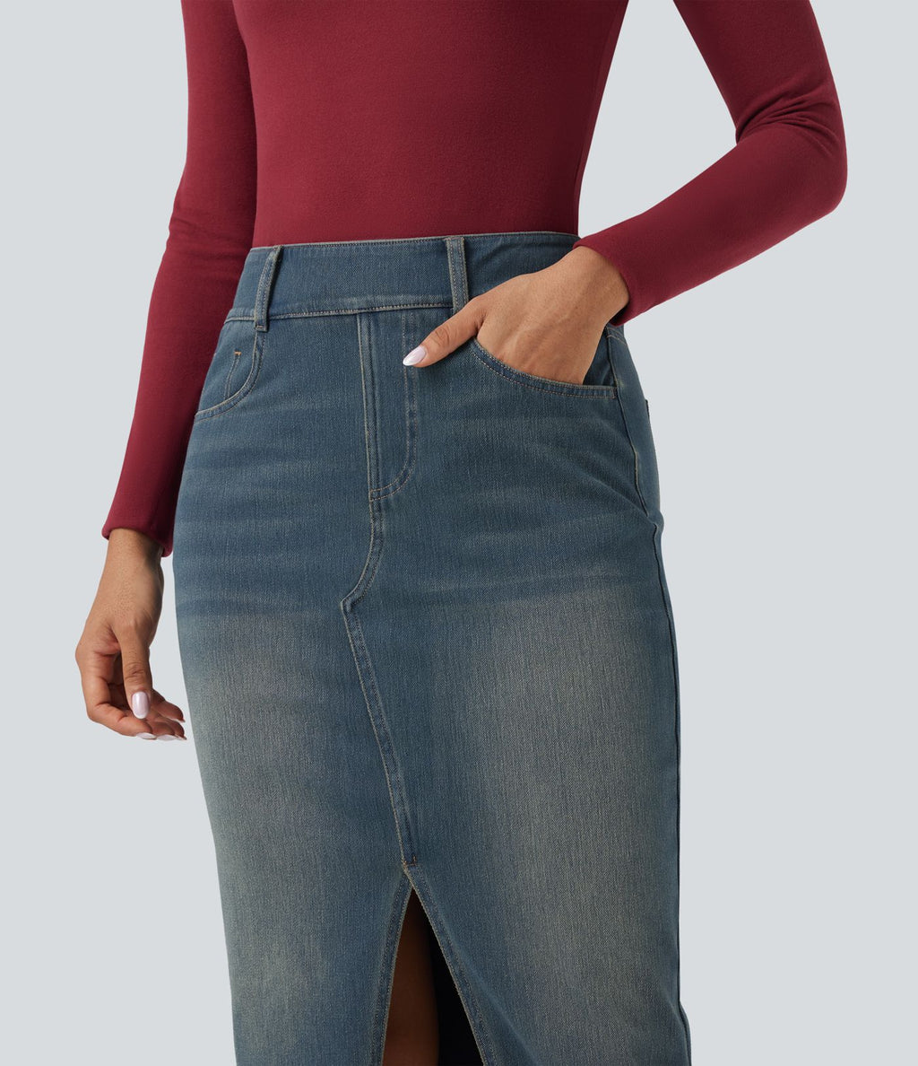 Halara Flex™ Jupe en Jean Casual Mi-Longue Délavé Extensible Plusieurs Poches Taille Haute