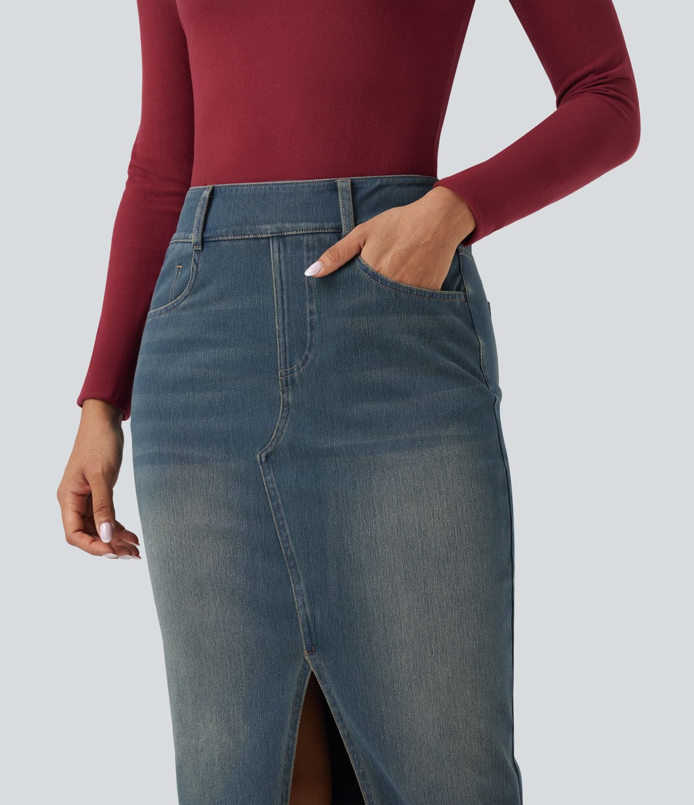 Halara Flex™ Jupe en Jean Casual Mi-Longue Délavé Extensible Plusieurs Poches Taille Haute