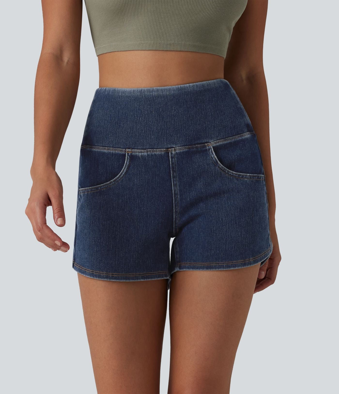 Halara Flex™ Short casual en jean skinny gainant taille haute à ourlet arrondi avec poches