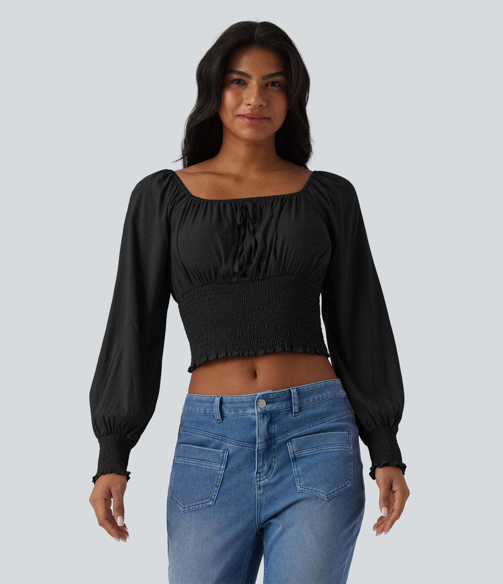 Blouse casual froncée à col carré et manches bouffantes