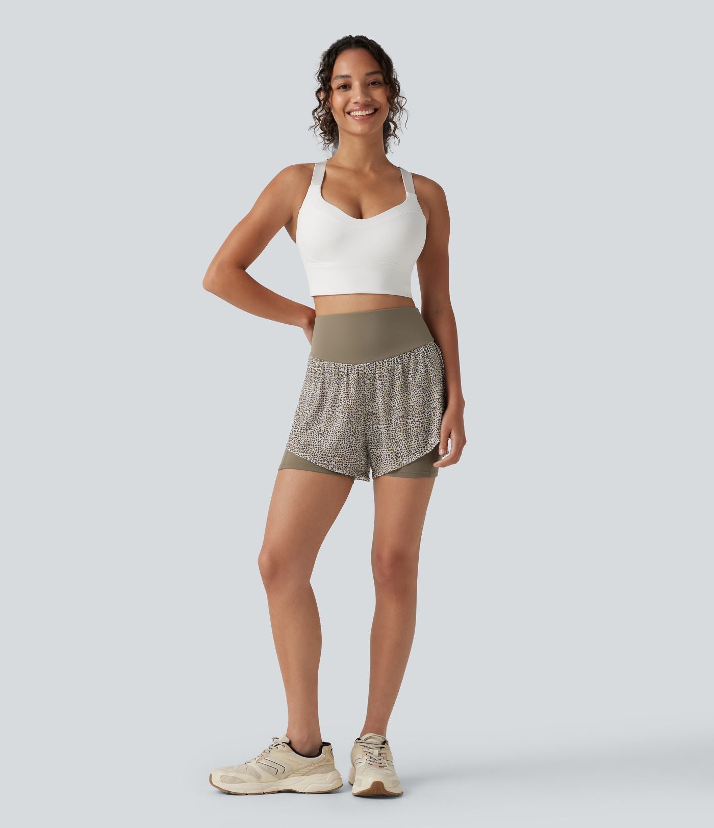 Short baggy de running 2-en-1 taille haute à imprimé léopard avec poches