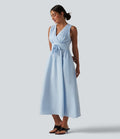 Robe midi rayée sans manches à col en V et poches