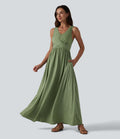 Robe longue fluide décontractée à col en U, sans manches et croisée, avec poches