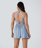 Combishort de villégiature 2-en-1 à dos nu, design torsadé, poches latérales - Édition Easy Peasy