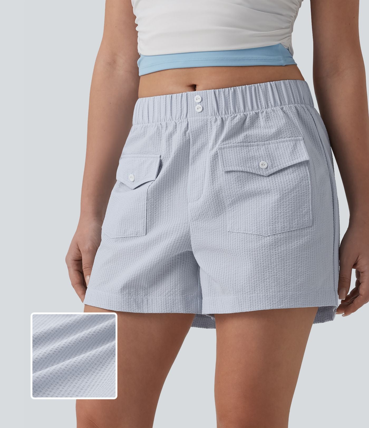 Short casual ample séchage rapide taille mi-haute aspect froissé avec poches à rabat